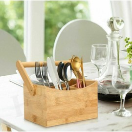 Cutlery Caddy Utensil Holder with Handle 4 Compartment Kitchen Organiser Rack Divider Wood Carry Caddy