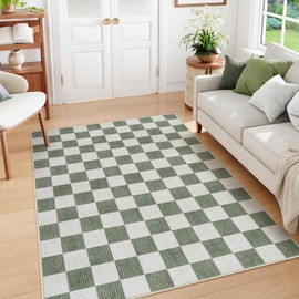 Machine Washable 5x7 Area Rugs for Living Room Checkered, Non Slip Soft Low Pile Farmhouse Geometric Modern Neutral Washable Boys Rugs for Bedroom, Large Carpet Rugs for Dining Room(Green,5'x7')
