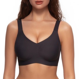 Angelhood V Neck Bra, Seamless Bra for Women, Wireless Everyday Bra, Full-Coverage Bra, Comfort Soft Support Bra with Extender, Black, Large