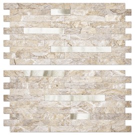 AULIGET 20 Sheets Faux Stone Peel and Stick Backsplash, Sandstone with Metal Gold PVC Wall Tiles Stick on Backsplash for Kitchen