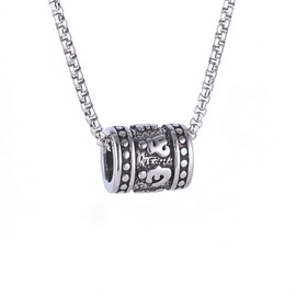 Men'S And Women'S Vintage Six-Character Mantra Transfer Bead Buddha Bead Barrel Shaped Pendant Necklace, 316L Stainless Steel, Silver Stainless Steel Square Pearl Chain,Auspicious Amulet Jewelry