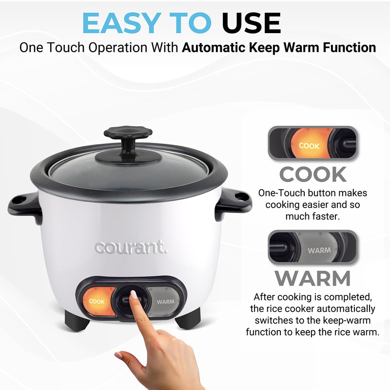 Courant Rice Cooker 8-Cup (Cooked), Removable Non-Stick Bowl, One Touch