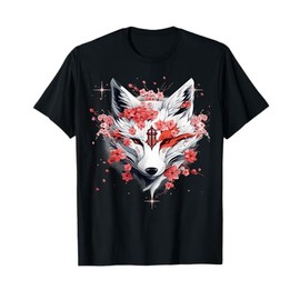 Kitsune Fox Mask Japanese Anime Kawaii Blossom Cherry Flower T-Shirt