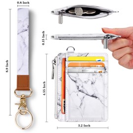WAVEYU Cute Wrist Lanyard with ID Card Holder for Women Girls, Hand Wristlet Lanyards for Keys with Wallet ID Badge Holder with 6 Card Slots, 1 ID Window, 1 Zipper Pocket, White Marble