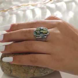 Inilbran Boho Turquoise Finger Ring Silver Gem Open Knuckle Vintage Geometric Turquoise Wrap Punk Gemstone Adjustable Stacking Jewelry for Women
