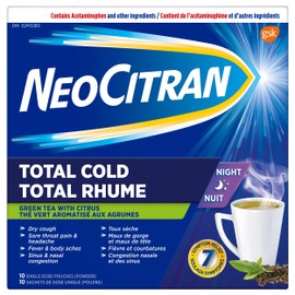 NeoCitran Total Cold Night hot liquid medication, Green Tea with Citrus Flavour, 10 Pack 10 Count
