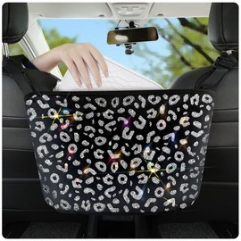 Blinglife Bling Leopard Diamond Car Handbag Holder Car Net Pocket Handbag Holder Car Backseat Organizer Car Handbag Holder Between Seats(White)