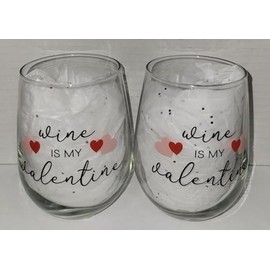 Generic 2 Piece Stemless Wine Glass Set (Wine is my Valentine), Medium, Clear/Black/Red/Pink