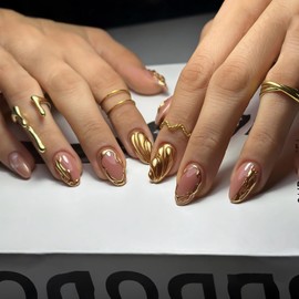 MERVF Almond Press on Nails Medium Fake Nails 3D Gold French Tip Glue on Nails Press ons Stiletto Acrylic False Nails Luxury Design for Women Glossy 24pcs