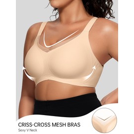 OEAK Womens Wireless Bras V Mesh Comfortable Bralette Supportive Tshirt Bra No Underwire Seamless Push Up Everyday Bras Skin S