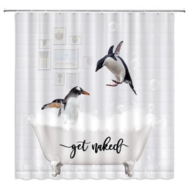 WUASDCS Funny Penguin Shower Curtain Cute Animals in Bathtub Bubble Get Naked Antarctic Polar Wildlife Brick Wall Bathroom Decor Fabric Curtains with Hook 70Wx70H Inches