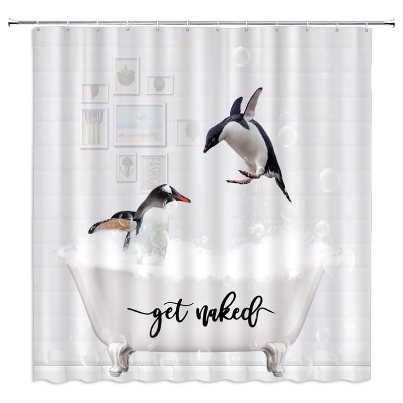WUASDCS Funny Penguin Shower Curtain Cute Animals in Bathtub Bubble
