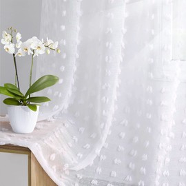 Joywell Weiß Durchsichtige Vorhänge Küche Badezimmer Pompons durchsichtige Vorhänge Gepunktete Textur Boho Semi Sheer Vorhänge Tülle 2er Set BxH 140x245
