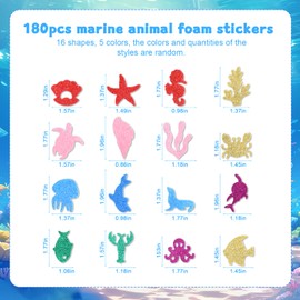 180pcs Glitter Sea Animal Foam Stickers, Colorful Self-Adhesive Ocean Theme Confetti Starfish Turtle Dolphin Seagrass Creative Arts Crafts for Birthday Party Wedding Decorations