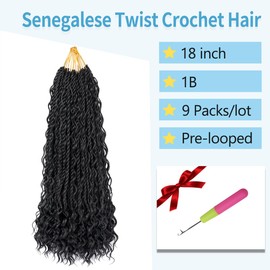 Senegalese Twist Crochet Hair with Curly Ends 18 Inch Natural Black Boho Island Twist Crochet Braids Boho Goddess Twist Crochet Hair for Black Women(9Packs, 1B)