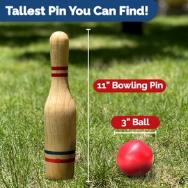 STERLING Sports Premium Wooden Lawn Bowling Skittles Set 11" Pins with Carrying Mesh Bag - 10 Heavy Solid Wooden Pins and 2 Balls - for Indoors and Outdoors