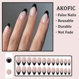 AKOFIC 24Pcs Short False Nails Oval, French Almond Acrylic Press on Nails Designs, Full Cover Stick on Nails, Fake Nails with Jelly Glue for Women Girls Nail Art (Black Pink)