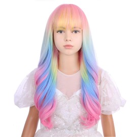 WAVELNM Kids Rainbow Wig Child Long Wavy Curly Wigs Colorful Wig for Girls Kids Multi-color Wig with Bangs Synthetic Wig with Wig Cap