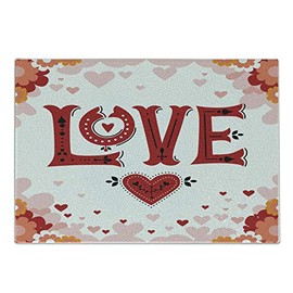Ambesonne Vintage Valentine Cutting Board, Love Typography with Pastel Hearts and Flowers, Decorative Tempered Glass Cutting and Serving Board, Small Size, Red White