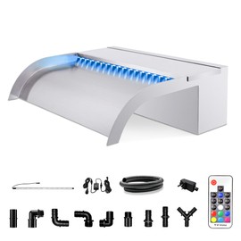 LONGRUN Pool Fountain Stainless Steel Outdoor Pond Spillway Waterfall with Wider Water Flow Platform Multi-Color LED Light Spray Indoor Waterfall Fountains for Garden-11.8"