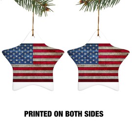 Rustic American Flag Wood Grain Design Star-Shaped Porcelain Holiday Christmas Tree Ornament - 3.1"