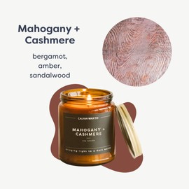 Calyan Wax Co. Soy Wax Candle, Mahagony + Cashmere Scented Candle, 57 Hour Burn Time, Aromatherapy Soy Candles, Non Toxic & Vegan Amber Glass Jar Scented Candles, 7.2oz