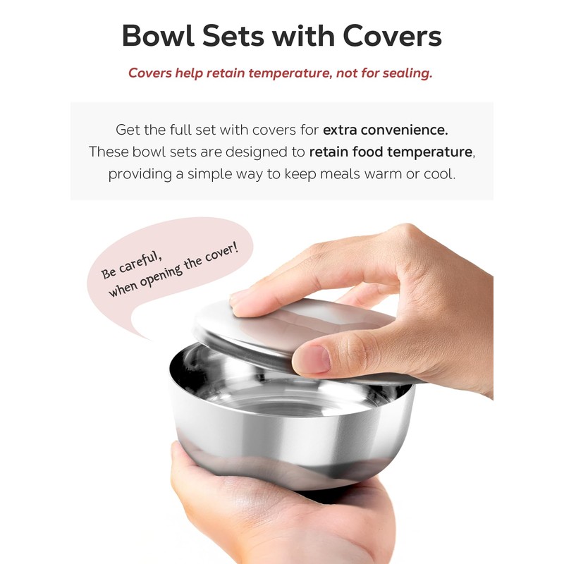 Plainhouse Korean Stainless Steel Rice Serving Bowls with Covers, Set