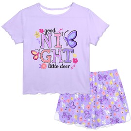 Play Tailor Girls Pajamas for Toddler Ruffled Kids Pajamas Set Short Sleeves Summer Pjs Sleepwear for Girl, Light Purple, 7-8Y