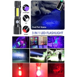 Hoxida Flashlight Rechargeable LED UV Black Light &Redlight, 3in1 Super Bright Magnetic Tactical Flashlights, 1500Lumen 7Modes, Zoomable, Waterproof Pocket Flashlight for Pet Stains Detection,Camping