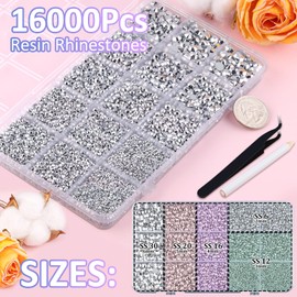 16000Pcs Resin Rhinestones with Tweezers for Crafting, Silver 2-6mm Mixed Sizes Non Hotfix Flatback Gems, Bedazzling Crystal for DIY Crafts Clothing Tumblers Mugs Shoes Fabric Decor Nail Art