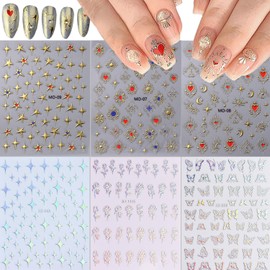 6 Sheets Star Nail Stickers 3D Self-Adhesive Holographic Rose Butterfly Nail Art Stickers Gold Sun Moon Star Nail Decals Laser Star Nail Designs Stickers for Women Nail Decoration Star Nail Charms