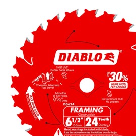 Diablo Carbide Saw Blade for Wood and Metal - 7-1/4" Diameter, 36 C-ATB Teeth, 5/8" Arbor, .067" Kerf, 5° Hook Angle, .051" Plate, 8000 Max RPM - D0736GPA