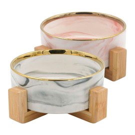 The Furry Family Plato para Perro y Gato de Cerámica Marmolizada con Base de Bambú Estabilizadora (Gris marmoleado)