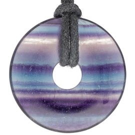 Lebensquelle Plus Colourful Fluorite Doughnut Diameter 30 mm + Cotton Cord | Gemstone Pendant | Genuine Healing Stone Necklace with Ribbon, Rainbow Fluorite, Fluorite