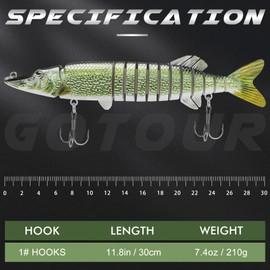 GOTOUR Fishing Lures Lifelike Multi Jointed Swimbait for Freshwater and Saltwater, Slow Sinking Hard Bait for Bass Trout Crappie Perch Pike Walleye, Pro Fishing Gear, Amazing Fishing Gifts for Men