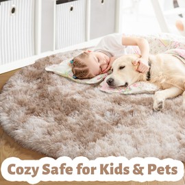 Amdrebio Tie-Dyed Beige Round Circle Area Rug 5Ft for Bedroom, Fluffy Plush Shag Furry Rugs for Kids Room, Living Room Decor Aesthetic, Cute Fuzzy Tan Neutral Carpet for Baby Nursery Playroom Dorm