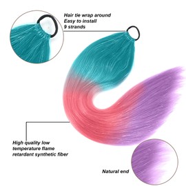 Newshair Colorful Ponytail Extension with Hair Tie, 26 inch Ombre Braid Ponytail Blend Hair Tinsel for Holiday Party Rainbow Festival(100g 1 Packs #Blue/Pink/Purple)