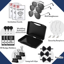 Mepase 7 Pcs Ring Wedding Bearer Security Set Include Ring Bearer Box ID Badge Holder Sunglass Acoustic Earpiece Tube Mission Card with Binder Clip Bow for Kids (Pp Plastic Suitcase)
