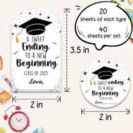 Graduation Labels Stickers Set - A Sweet Ending to A New-20 Rectangle & 20 Round Stickers, 40 Pcs for Wrapping, Envelopes,Celebration High School,College,Graduation Grads Party Supplies(Star) - 05