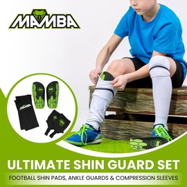 MAMBA Ultimate Shin Guard Set | Football Shin Pads, Ankle Guards & Compression Sleeves, Flexibility & Protection | Kids/Adults | Unique British Design (L)
