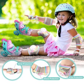 SULIFEEL Shiny Knee Pads for Kids Knee Elbow Pads Wrist Guards for Girls Boys Adjustable Protective Gear Set with Drawstring Bag Rainbow Unicorn