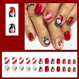 24 Pcs Christmas Press on Nails Short Square - ZIFANHU Red Glitter Fake Nails Press Ons Nail Art Tips Christmas Tree Lanterns Stripe Design Full Cover Acrylic False Nails Glue on Nails for Women