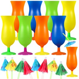 Teenyyou 8 Neon Colored 14 oz Hurricane Plastic Cups and 50 Umbrella Straws Hurricane Glasses Long Cocktail Drink Umbrellas Hawaiian Beach Cocktail Luau Party Supplies Tropical Summer Decorations