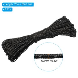 PATIKIL 65 Feet Reflective Guyline Camping Paracord 3mm,3 Pack Tent Cord Rope Nylon Paracord Rope for Camping Tent Tarp Hiking, Black (20M)