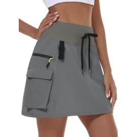 JWM Women's Hiking Cargo Skort Skirt High Waisted Golf Workout with Zipper Pockets Tummy Control Quick Dry Water Resistant Dark Gray