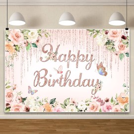 ChloropLastid 10x8ft Pink Floral Birthday Backdrop Rose Gold Glitter Flower Blossom Butterflies Happy Birthday Photography Background for Girls Princess Bday Party Decorations Banner Photo Props