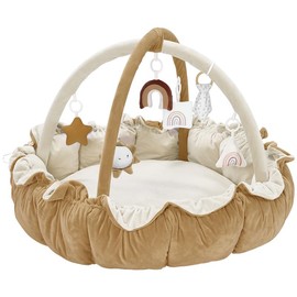 MALLIFY 5-in-1 Thick & Plush Play Gym, Tummy Time Play Mat with 6 Toys, Cat Bed, Dog Bed, Cloudico, 19.29 x 45.28 x 45.28 Inches Tummy Time Comfortable Nursery Development Easy Assembly Mat - Color: Brown