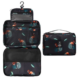Large Hanging Toiletry Bag Travel, Waterproof Makeup Bag with 4 Compartments, Foldable Cosmetic Bags Organizer for Bathroom Shower, Portable Hanging Wash Bag for Women Men Kids (Black Flamingo)