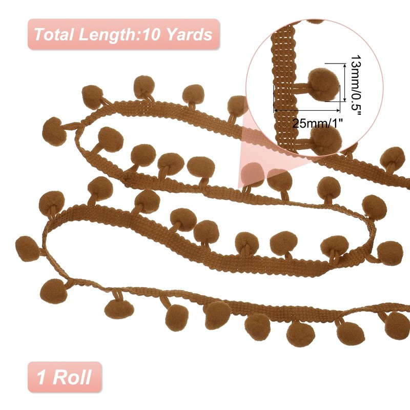 uxcell 10 Yards Pom Pom Trim Ribbon, 1" Wide Khaki