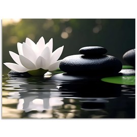 OWNANRTHM Lotus Flower Wall Art Zen Canvas Wall Art Lotus Flower in Water Painting Lotus Zen Pictures Spa Inspired Print Zen for Yoga Spa Spiritual Meditation Room Wall Decor Framed 12X16 inch